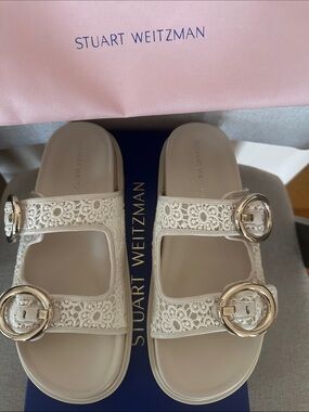 Stuart Weitzman Ivory Lace Double-Buckle Slide Sandals